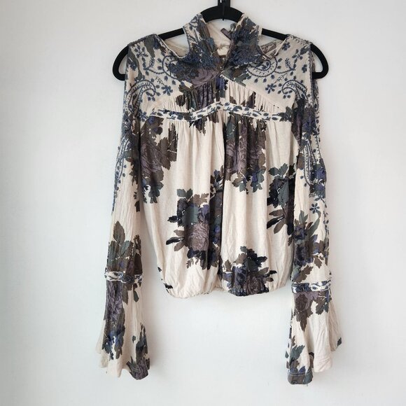 Free People Floral Halter Boho Blouse Top Shirt Peasant Linen Blend Women's M - Picture 1 of 9